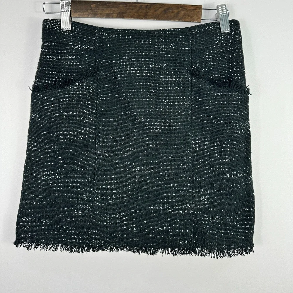 LOFT Skirt 2 Black Bouclé Tweed Mini Fringed Hem‎ Pocket Mod Retro Indie Sleaze